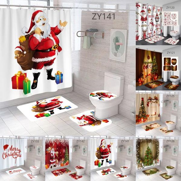 Cortinas de ducha, juego de cortinas, alfombrilla de baño, Material de poliéster impermeable, árbol de Papá Noel, muñeco de nieve, patrón de chimenea, decoraciones de baño