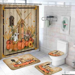 Rideaux de douche Ensemble de rideaux Thanksgiving Citrouilles Feuilles d'automne Saison de novembre avec tapis antidérapants Couvercle de toilette Er Tapis de bain Salle de bain Drop Dhoc2