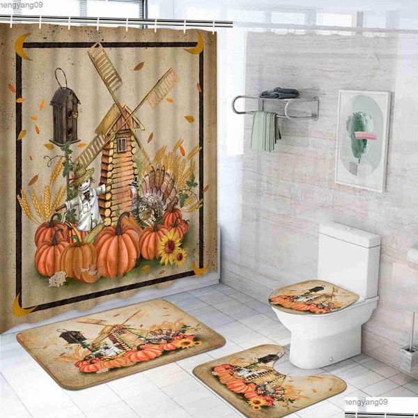 Rideaux de douche Ensemble de rideaux Citrouilles de Thanksgiving Feuilles d'automne Saison de novembre avec tapis antidérapants Couvercle de toilette Er Tapis de bain Salle de bain Drop Dh0Tu