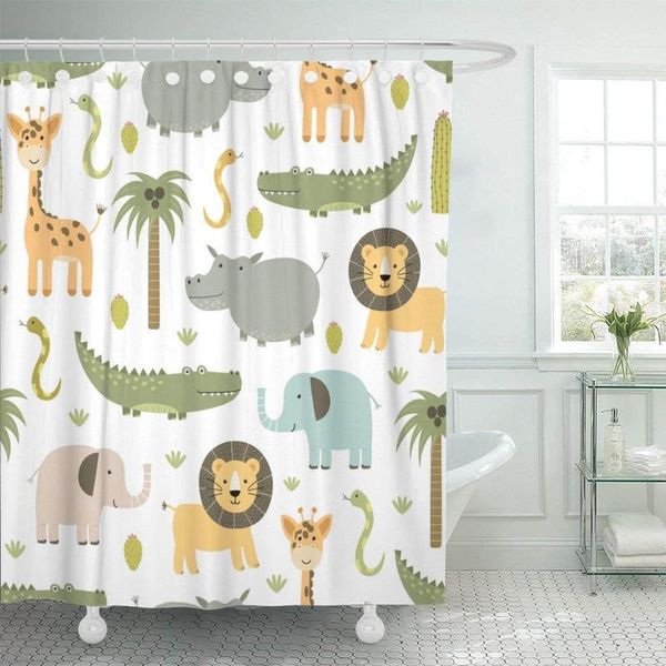 Rideaux de douche rideau avec crochets Safari animaux mignon hippopotame Crocodile Lion éléphant et girafe dans la salle de bain enfantine