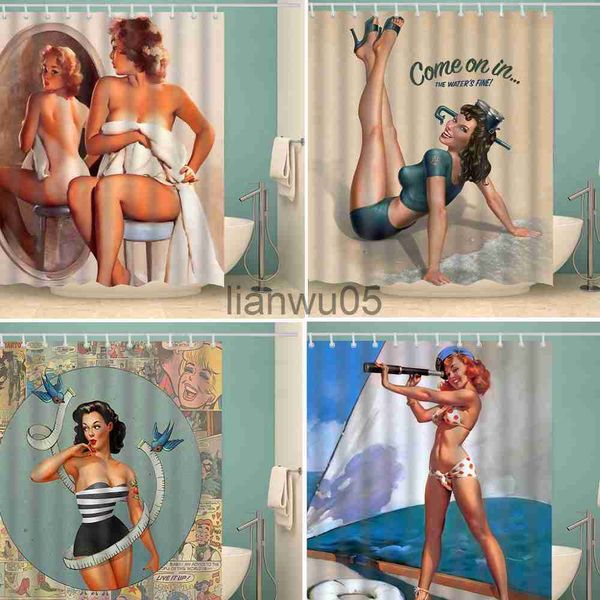 Cortinas de ducha personalizadas Anime Sexy 3D Impreso Cortina de ducha Vintage American Girl Beauty Impermeable Poliéster Decoración Cortina de baño cortina x0731