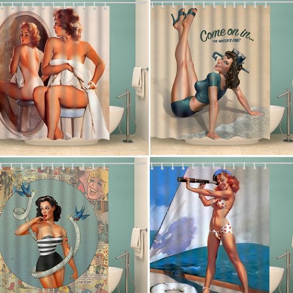 Cortinas de ducha personalizadas Anime Sexy 3D impreso Vintage chica americana belleza impermeable poliéster decoración baño cortina 220922