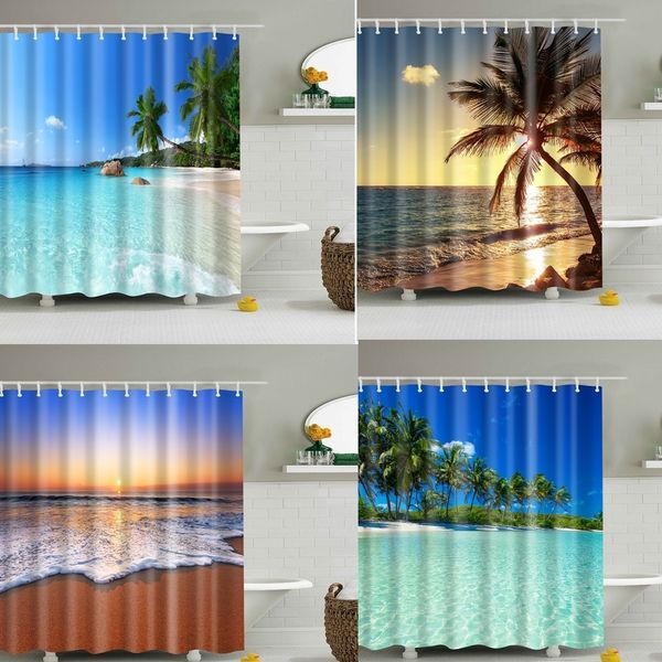 Cortinas de ducha personalizadas Cielo azul Playa Cortina de ducha Paisaje moderno Estampado de baño Cortina opaca 3D Grande 180x200cm para cortina de baño 230627