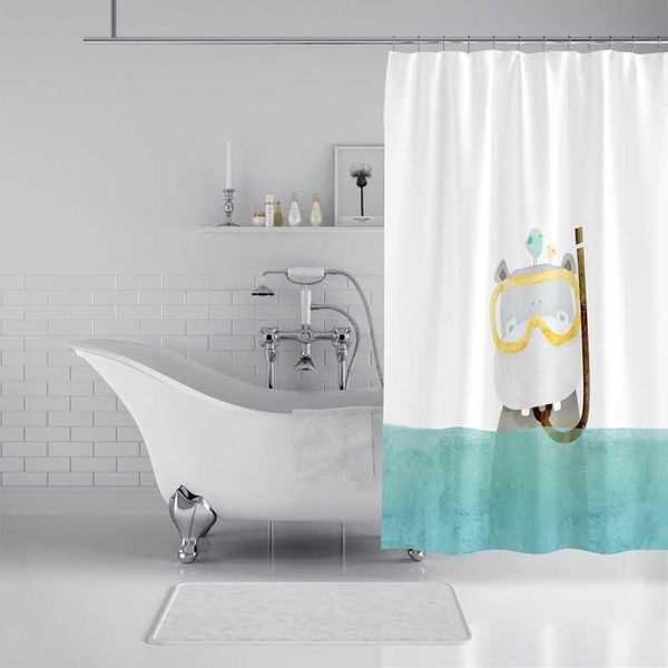 Rideaux de douche Rideau d'impression d'animal mignon Style de bande dessinée Salle de bain Polyester imperméable avec crochets Décoration de la maison