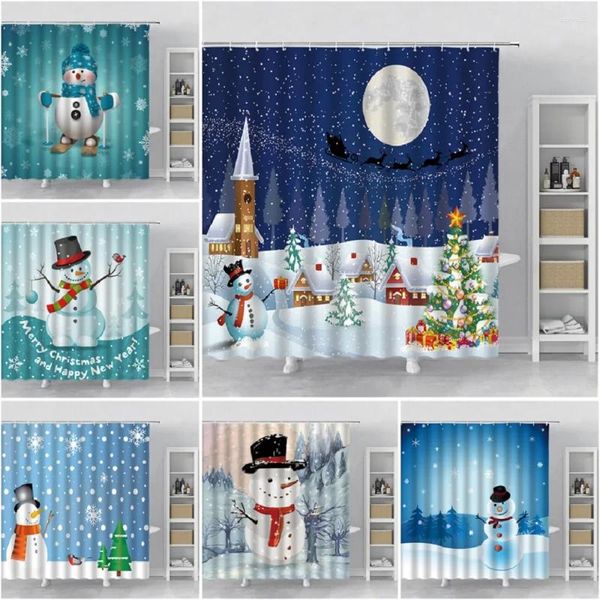 Cortinas de ducha lindo dibujos animados azules de nieve azul cortina navideña copa de nieve blanca decoración de Navidad baño bañera de baño