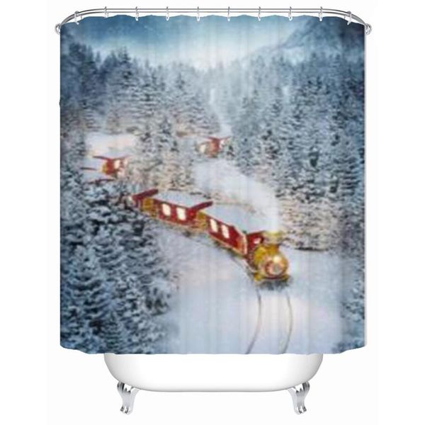 Rideaux de douche mignon train de noël traverse fantastique forêt d'hiver imprimé rideau tissu salle de bain étanche avec crochets