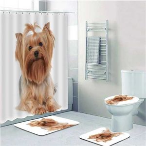 Douche gordijnen schattige hondendouche gordijn badmatten set grappige puppy puppy doggy flanel tapijt witte badkamer decor tapijt niet-slip toilet deksel mat