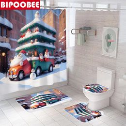 Douche gordijnen schattige kerstman Claus sneeuwpop bus print gordijn vrolijk kerstkist badkamer toilet deksel deksel niet-slip tapijten badmatten