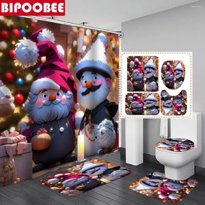 Rideaux de douche mignon Santa Snowman imprimé pour la salle de bain décor de Noël joyeux Noël tapis de bain tapis de toilette couvercle