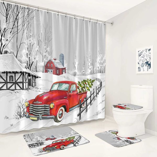 Rideaux de douche mignons rideaux de douche de Noël bonhomme de neige set fir branche bleu balles de Noël neige décor de salle de bain tapis non glip