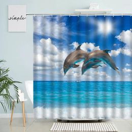 Rideaux de douche Dolphin Ocean Paysage Rideau Animaux marins Bleu Ciel Blanc Nuage Plage Naturel Salle de bain Écran étanche avec ensembles de crochets