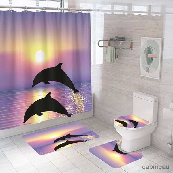 Cortinas de ducha Cortina de impresión de delfines Cortina de baño de vida marina moderna Alfombra de alta calidad Alfombras de baño Baño impermeable Matet Baño