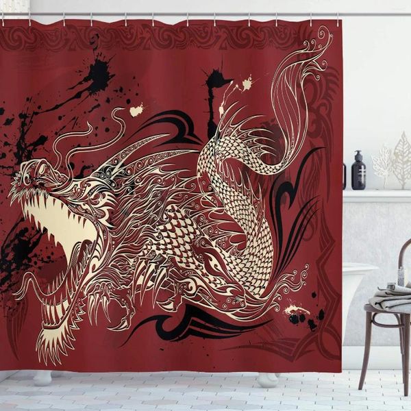Rideaux de douche dragon rideau en colère fantasy monde créature sur le grunge dos japonais oriental éthéré motif de salle de bain lavable set crochets