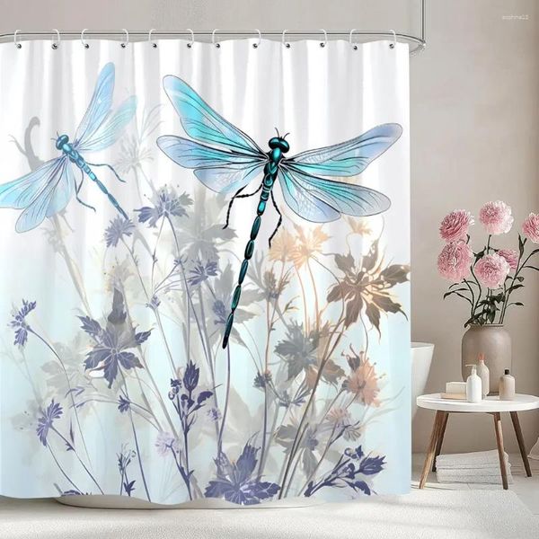 Rideaux de douche motif libellule rideau imprimé aquarelle peinture botanique fleur art créatif tissu salle de bain déco