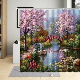 Douchegordijnen Droombosgordijn Fantasie Tuin Bloemen Groene Plant Boom Landschap Bad Waterdichte badkamer met haken