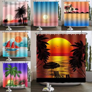 Cortinas de ducha Dusk Beach Cortina Coco Tree Sunset Baño Impermeable Tela de poliéster Decoración del hogar con ganchos