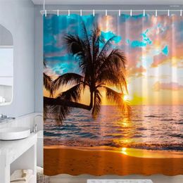 Rideaux de douche Crépuscule Océan Paysage Coucher de soleil Palmiers Mer Vagues Plage Nature Paysage Maison Salle de bain Rideau Décor Ensemble avec crochets