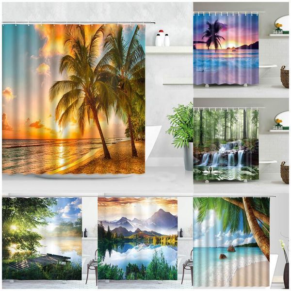 Rideaux de douche crépuscule coucher de soleil plage rideaux de douche océan tropical palmier forêt cascade Nature paysage tissu décor à la maison salle de bain ensemble de rideaux 230523