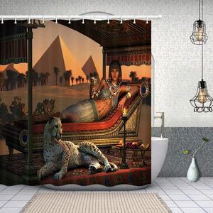 Douchegordijnen Egypte Dieren Leopard Gordijn Oude Egyptische seksvrouw en een tamme cheetah met piramide polyester set