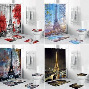 Douchegordijnen Eiffeltoren 3D Gordijn Parijs Landschap Badkamer Set Antislip Tapijten Wc Deksel Cover Mat Tapijt Home Decor 221104