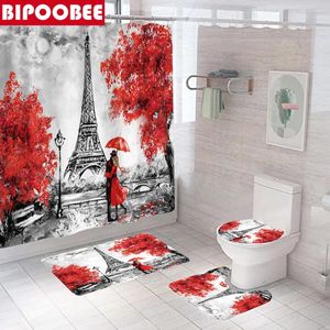 Rideaux de douche Eiffel Tower Lover Curtain imprimé 3d Paris Bathroom Set Bath Bath Mat de bain sans glissement Tapis de toilette Tapis de sol