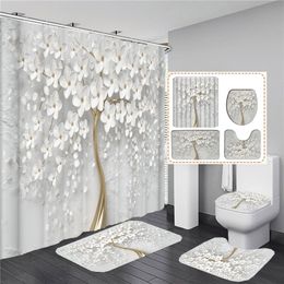 Douchegordijnen Elegant Boeket van Fantastische Witte Bloemen 3D-stijl Douchegordijn Badkamergordijn met Badmat Tapijt Set Bloemen Woondecoratie 230920