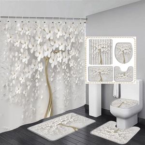 Douchegordijnen Elegant Boeket van Fantastische Witte Bloemen 3D-stijl Gordijn Badkamer met Badkleed Tapijt Set Bloemen Home Decor 230819