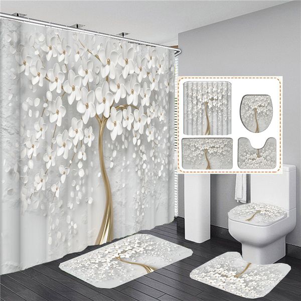 Cortinas de ducha Elegante ramo de fantásticas flores blancas Cortina de ducha estilo 3D Cortina de baño con alfombra de baño Conjunto de alfombras Decoración floral para el hogar 230919