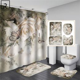 Cortinas de ducha Elegante Flor de mariposa Estampado de rosas Cortina Mujer Decoración de baño Azul Rosa Juego de alfombrillas de baño Cubierta de tapa de inodoro Suministros de WC 230510