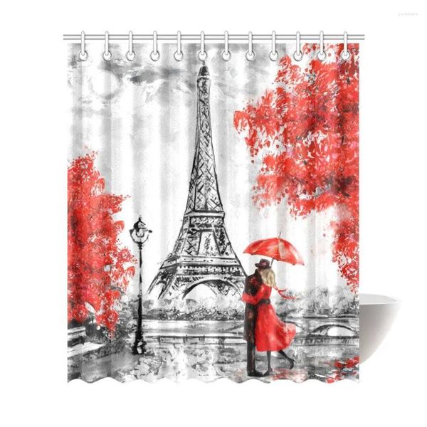 Rideaux de douche élégant Paris Tower Couple rouge parapluie rideau de salle de bain en polyester imperméable