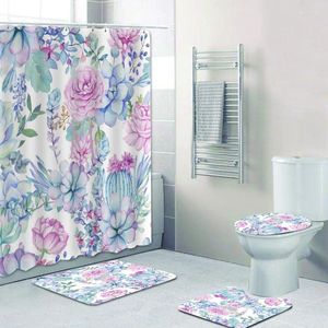 Douche gordijnen elegant paars blauw sappige bloemen gordijn en bad tapijten set chique aquared bloemen badkamer toilet decor