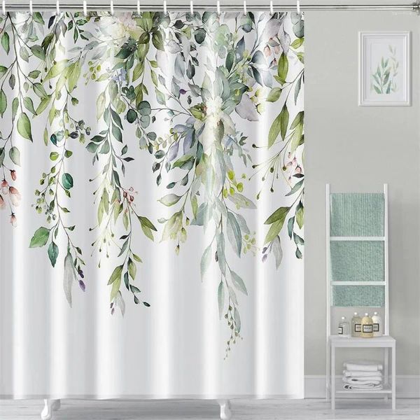 Rideaux de douche Feuilles d'eucalyptus Rideau Aquarelle Plante verte Feuille Floral Bain pour salle de bain Décor Tissu à la maison avec crochets