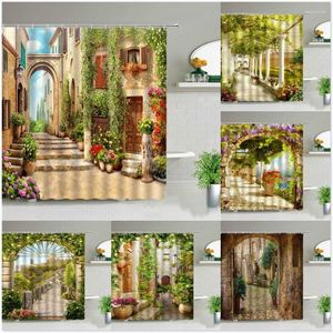 Rideaux de douche Bâtiment européen Jardin Patio Paysage Paysage de rue Vert Vigne Fleur Impression Écran de bain Décor mural suspendu