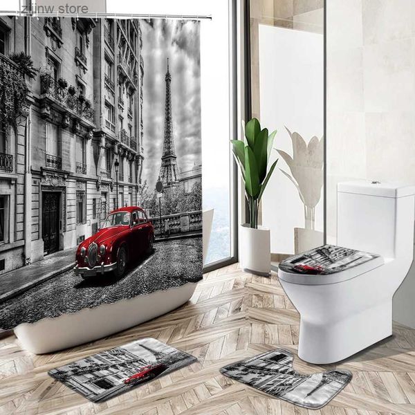 Rideaux de douche Ville européenne rue Architecture paysage rideau de douche rouge Vintage voiture fer tour tapis de bain couvercle de toilette couverture salle de bain tapis Y240316