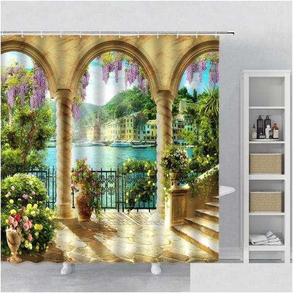 Rideaux de douche Rideau de paysage floral européen Fleurs violettes Arch Porte Océan Bâtiment Paysage Bain Salle de bain Baignoire Décor Drop Del Dhgnc