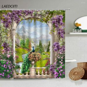 Rideaux de douche paysage de jardin européen Nature Fleurs plante cascade paon