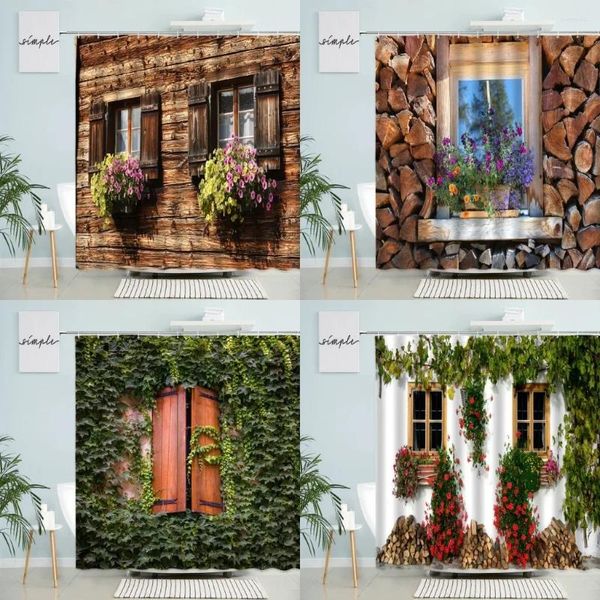 Rideaux de douche de la ville de la ville européenne View rideau Green Plantes Fleurs Vins Vintage Old Wooden House Porte murale Salle de bain avec écran de crochet