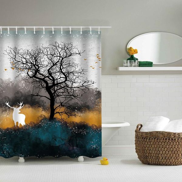 Rideaux de douche exquis Elk Illustration Style tissu pour salle de bain ensemble de rideaux avec crochets anneaux bain étanche