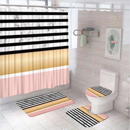 Douchegordijnen stof marmeren gordijn sets niet-slip vloerkleed toiletomslag bad mat abstract modern geometrisch gestreepte roze gouden badkamerscherm