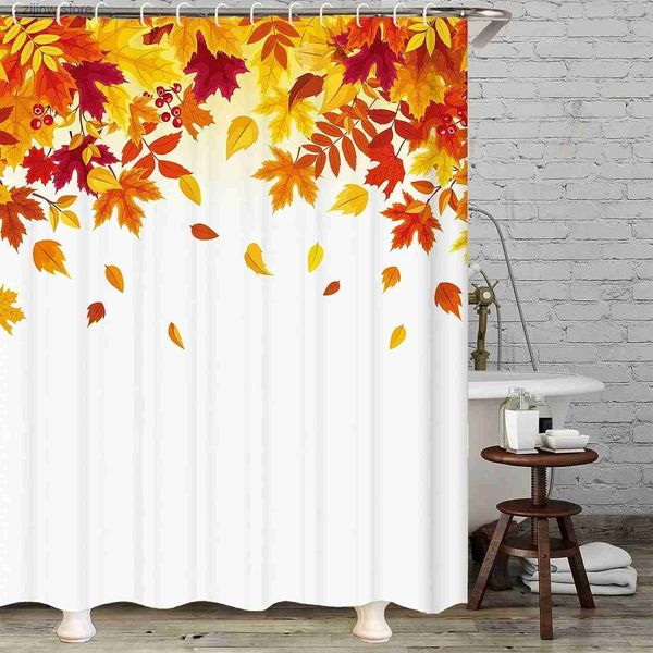 Cortinas de ducha Hojas de arce de otoño Cortinas de ducha Amarillo Rojo Hoja que cae Cosecha de otoño Tela de poliéster de Acción de Gracias Decoración de baño con ganchos Y240316