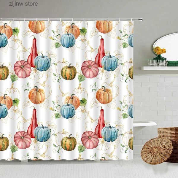 Rideaux de douche Automne Citrouille Rideau de Douche Aquarelle Plante Feuilles Automne Ferme Récolte Saison Rideaux de Bain Tissu Salle de Bain Décor Ensemble avec Crochets Y240316