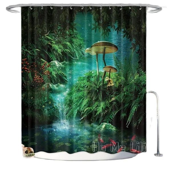 Rideaux de douche rideaux de champignons fantastiques par ho me lili fée forestier arbre gothique jungle verte zen rivière trippy de salle de bain décoration de salle de bain