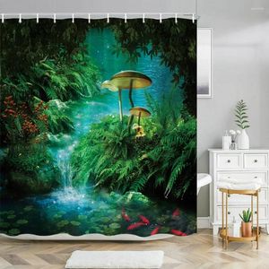 Rideaux de douche Fantasy Champignon Fée Forêt Arbre Panneau Gothique Jungle Vert Zen Rivière Salle De Bain Décor Rideau avec Crochets