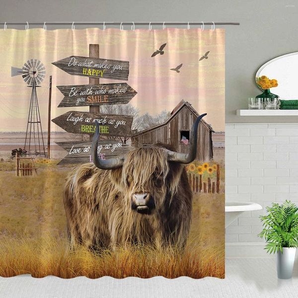 Rideaux de douche de la ferme de vache de ferme ensemble Highland Bovins Wind Moulin Sunflower Thatch Imprime Tissu Ferme de salle de bain Accessoires de salle de bain