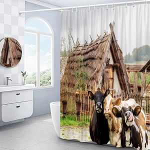 Douchegordijnen boerderij koe rustieke boerderij grappige dieren vee houten hek landschapslandschap geprinte badkamer gordijn decor sets