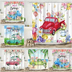 Douchegordijnen Boerderij Gordijn Aquarel Bloem Vrachtwagen Lente Botanische Blad Vlinder Rustieke Wildflower Polyester Badkamer Decor