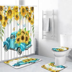Douchegordijnen boerderij gordijn rustieke boerderij truck zonnebloem bloemen vlinder vintage houten bord badkamer badmat toiletdeksel tapijt
