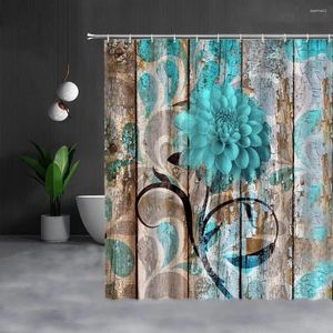 Cortinas de ducha Granja Floral Flor Cortina Primavera Teal Dahlia Rústico Tablón de madera Madera Azul Baño de verano con ganchos