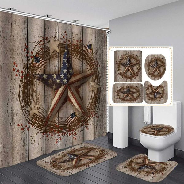 Rideaux de douche Ensembles de rideaux de douche de ferme Drapeau américain patriotique Étoile de grange Vintage Marron Planches de bois rustiques Décor de salle de bain country western