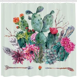 Cortinas de ducha Cortina de moda Cactus Planta espinosa Patrón de flores Cinturón impermeable Gancho Traje Tela Decoración de baño